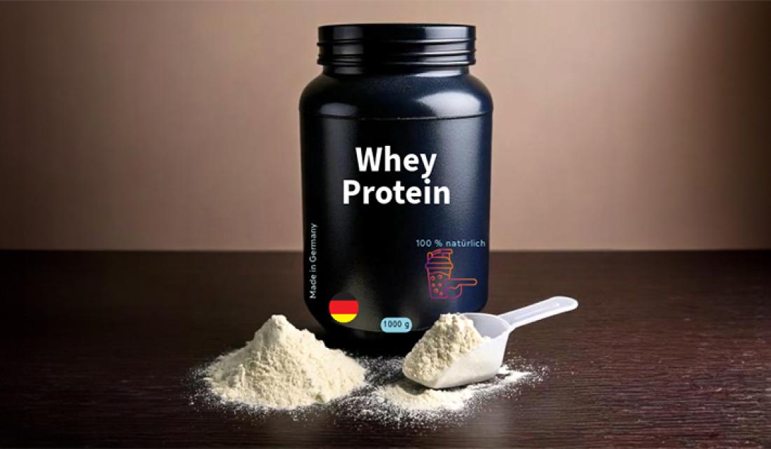 Eine schwarze Dose mit der Aufschrift "Whey-Protein", die eine deutsche Flagge als Herkunftsnachweis trägt