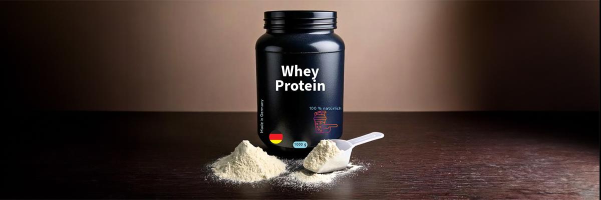 Eine schwarze Dose mit der Aufschrift "Whey-Protein", die eine deutsche Flagge als Herkunftsnachweis trägt